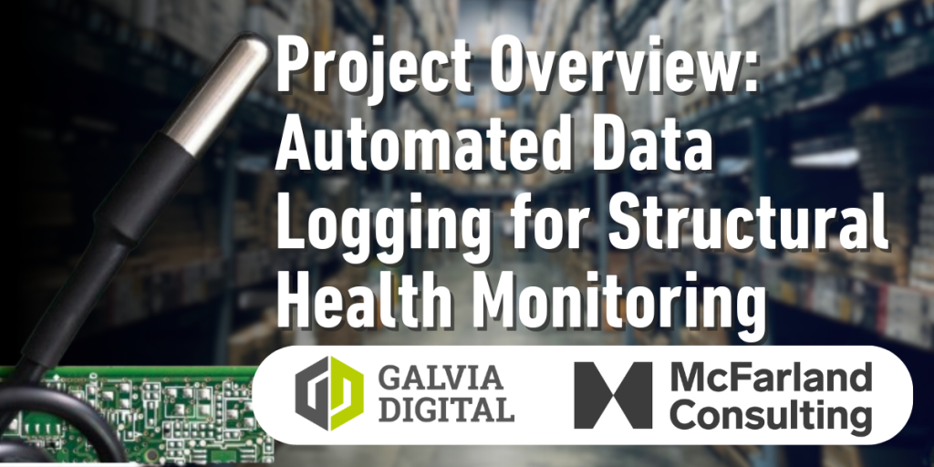 Graphic depicting Galvia Digital’s automated data logging solution for McFarland Consulting, showing sensors, cloud integration, and a client portal.