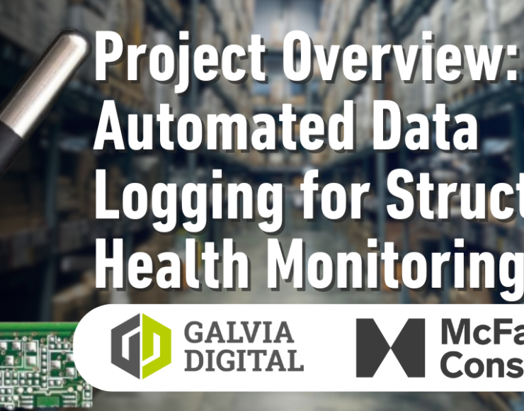 Graphic depicting Galvia Digital’s automated data logging solution for McFarland Consulting, showing sensors, cloud integration, and a client portal.