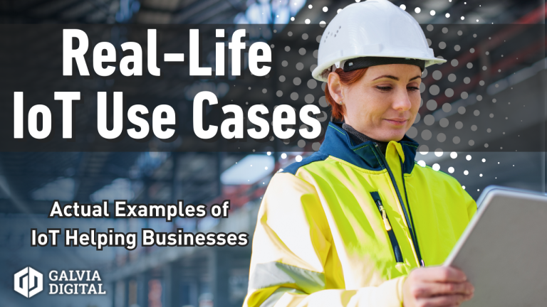 Illustration of IoT real-life use cases, including smart cities, agriculture, healthcare, logistics, and manufacturing."