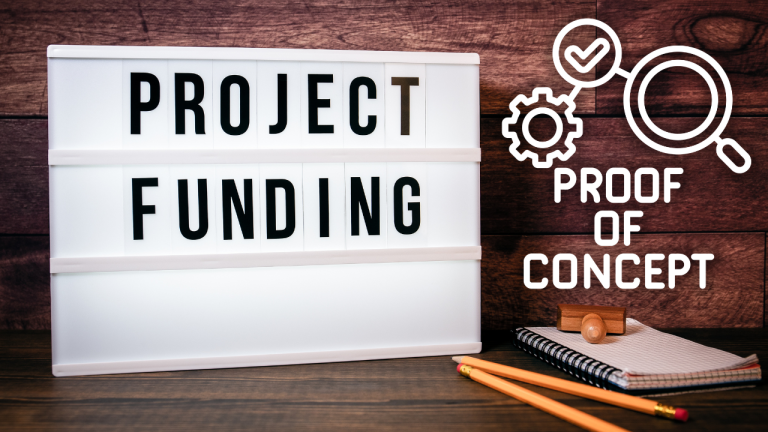 Sign reading 'Project Funding' with 'PoC' beside it, emphasizing securing investment for a PoC.