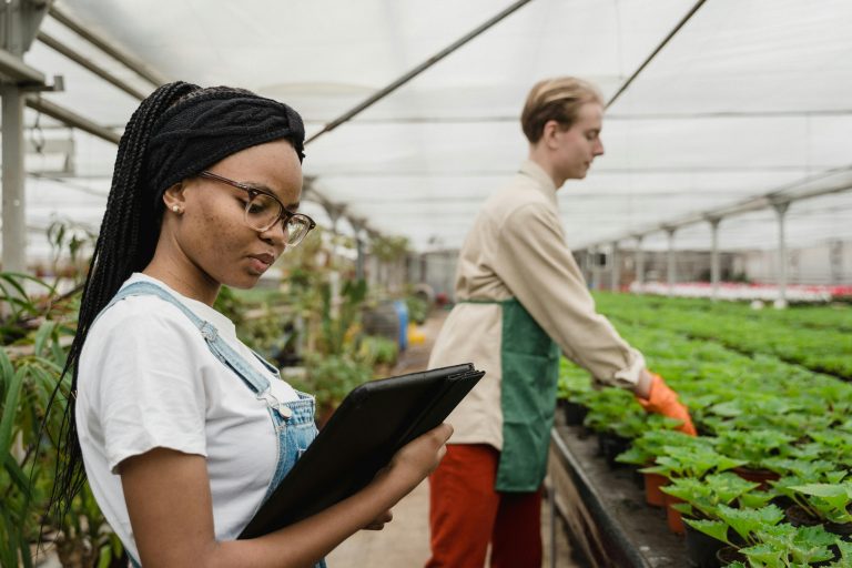 Woman using a tablet to monitor plant growth in a garden with IoT agriculture technology.
