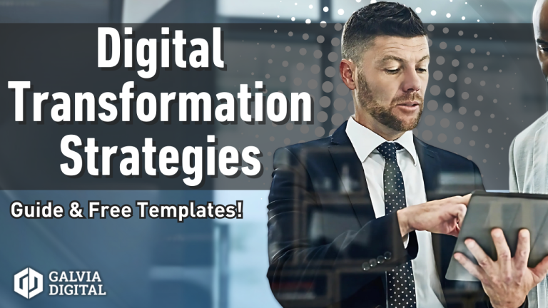 Business team analyzing digital transformation strategies on a modern dashboard with graphs and data insights.