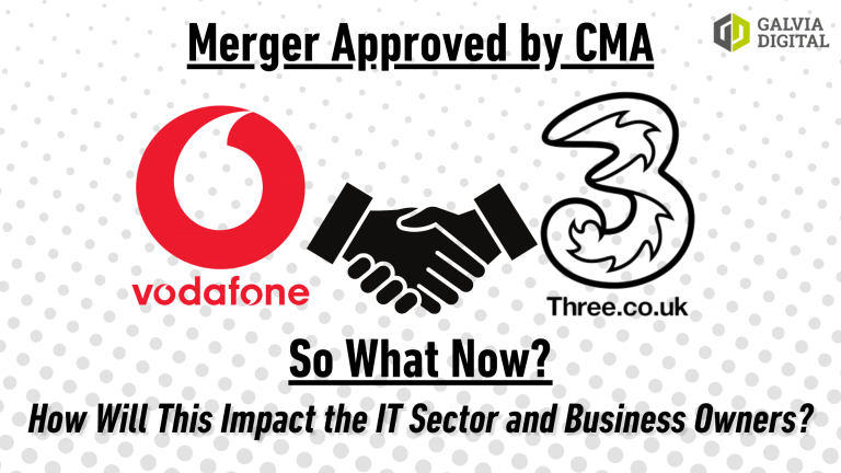 Vodafone and Three logos shaking hands with the caption “So What Now?” symbolizing their merger and its implications.